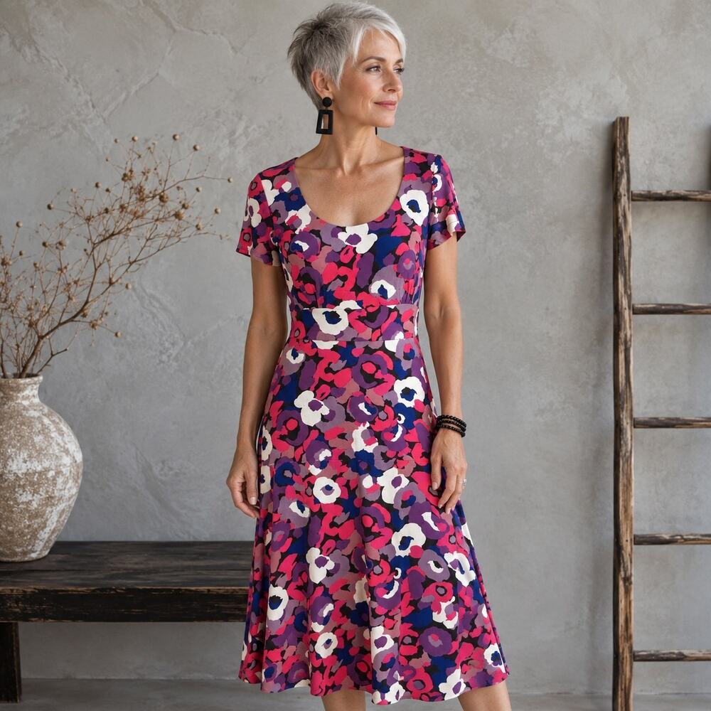 Boden Purple Blue Pink Floral Knit Short Sleeve Dress size 6